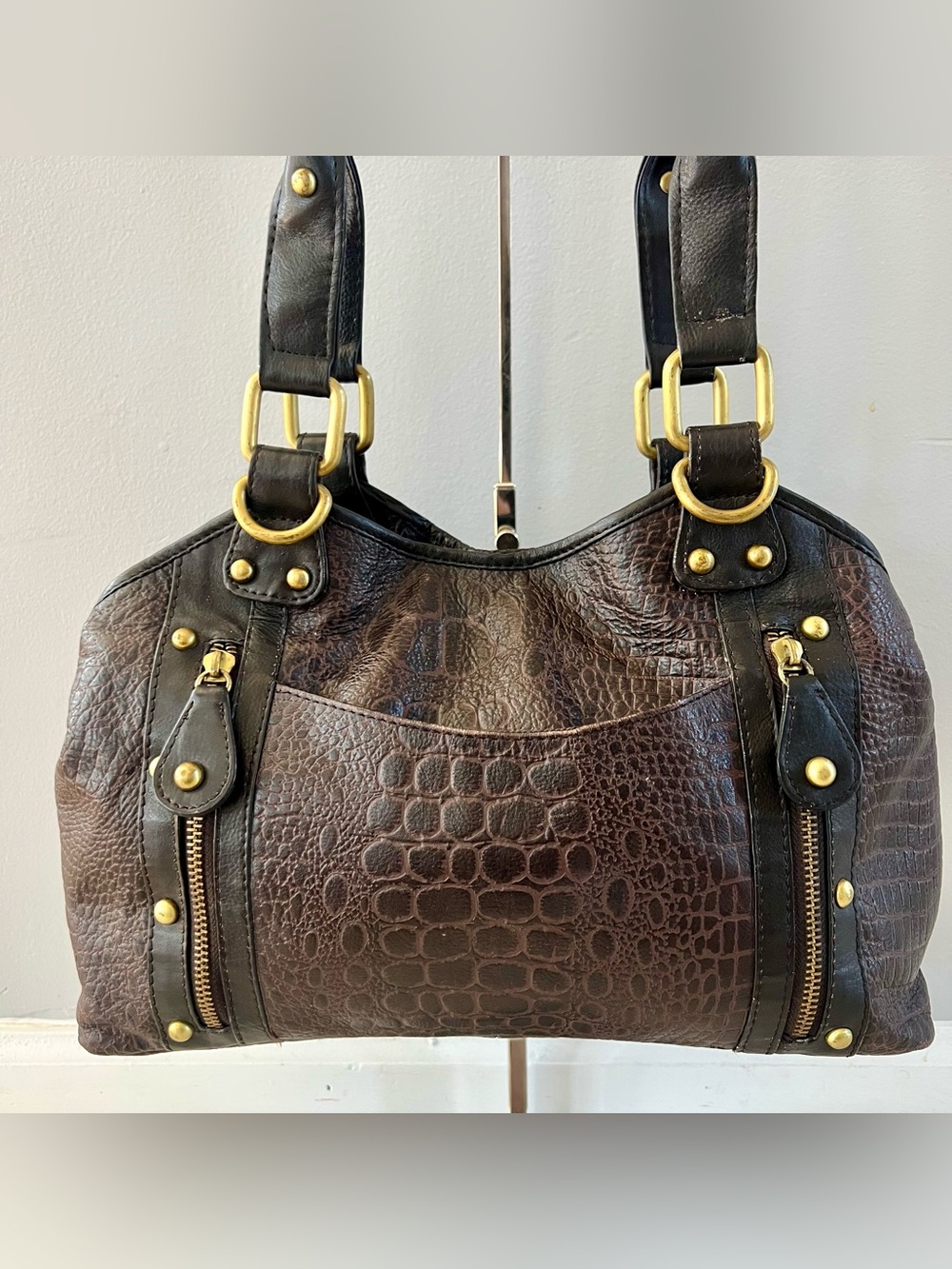 Great American Leatherworks Satchel Shoulder Bag Croc Embossed Brown Black - Picture 2 of 12
